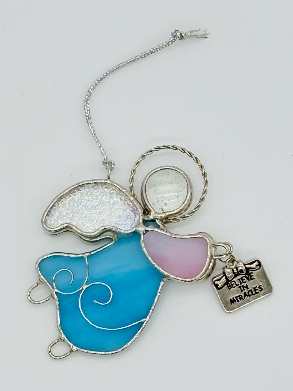 Vintage Stained Glass Angel Ornament Believe In Miracles Blue Pink Suncatcher